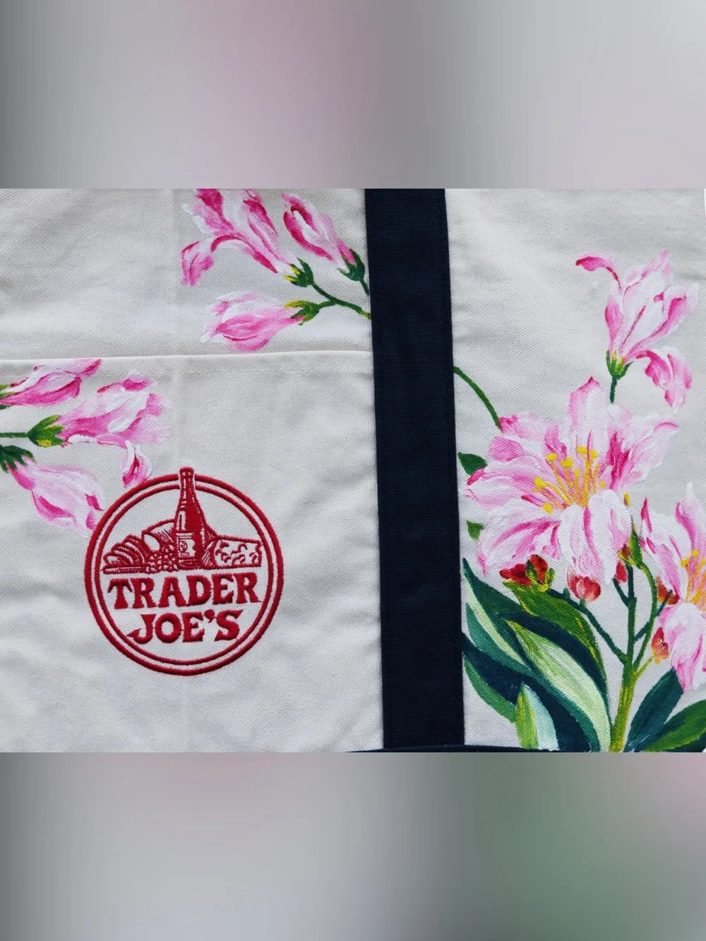 Hand Painted Trader Joe’s Canvas Tote Bag Pink Lily Floral Large Navy Blue